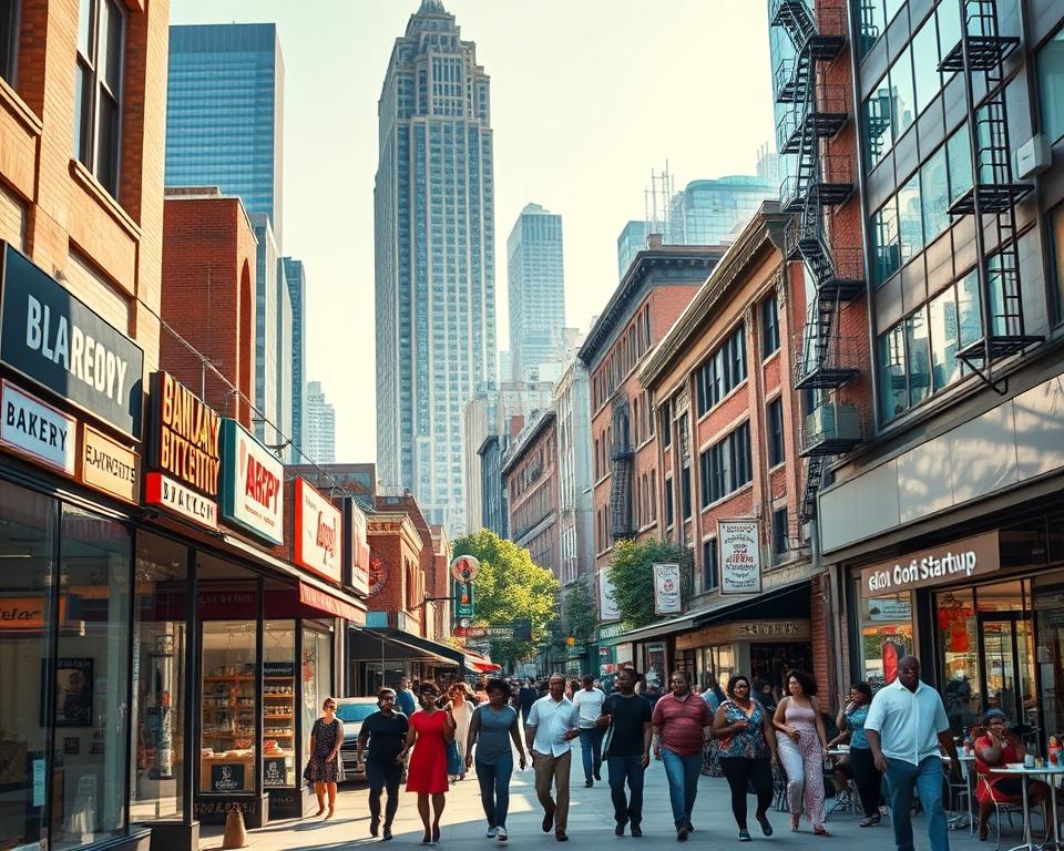 A bustling urban scene, capturing the diversity and vibrancy of Black-owned businesses. In the foreground, a row of storefronts featuring a variety of establishments - a bakery, a barbershop, a boutique, and a tech startup. The facades are adorned with vibrant signage and window displays, inviting passersby to explore. The middle ground showcases people of all ages and backgrounds, strolling down the sidewalk, dining at outdoor cafes, and engaging in lively conversations. Warm, natural lighting bathes the scene, creating a welcoming and optimistic atmosphere. In the background, towering skyscrapers and a mix of modern and historic architecture provide a dynamic urban backdrop, symbolizing the growth and resilience of the Black entrepreneurial spirit.