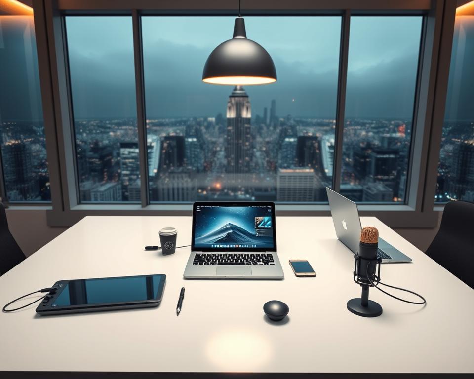 A captivating digital workspace with a sleek, modern design. In the foreground, various digital products are displayed on a minimalist white desk, including a high-end graphics tablet, a state-of-the-art laptop, and a professional-grade microphone. The middle ground features a hanging light fixture that casts a warm, ambient glow, highlighting the intricate details of the digital tools. In the background, a large window overlooking a bustling city skyline, conveying a sense of creativity and innovation thriving in the digital landscape. The overall mood is one of sophistication, productivity, and the boundless potential of digital creativity.
