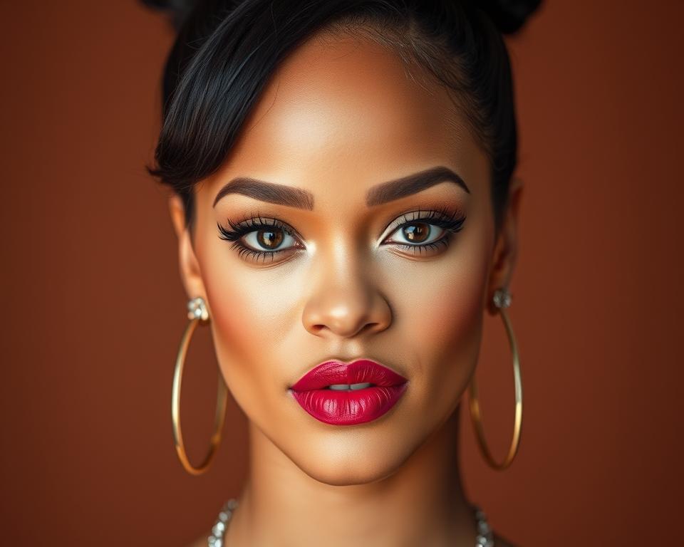 A close-up portrait of Rihanna, the renowned singer and entrepreneur, in her signature Fenty Beauty makeup look. Soft lighting illuminates her flawless, glowing skin and accentuates her striking features. The background is a blurred, warm-toned studio setting, placing the focus entirely on Rihanna's confident and empowered expression. Her eyes are captivating, her lips are painted in a bold, vibrant hue, and her hair is styled in a chic, modern updo. The overall aesthetic conveys Rihanna's status as a trailblazing, successful Black entrepreneur who has built a global beauty empire that celebrates diversity and self-expression.