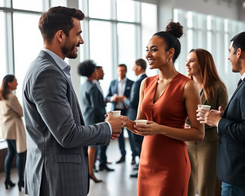 A group of diverse professionals engaged in dynamic conversation, networking and building relationships. In the foreground, a clean-cut businessman and a woman in a stylish dress shake hands, their expressions warm and engaged. In the middle ground, a small cluster of people animatedly discuss, coffee cups in hand. The background features a modern, minimalist office setting with floor-to-ceiling windows, allowing natural light to flood the scene. The mood is one of collaboration, connectivity and mutually beneficial exchange. Crisp, high-resolution, photorealistic.