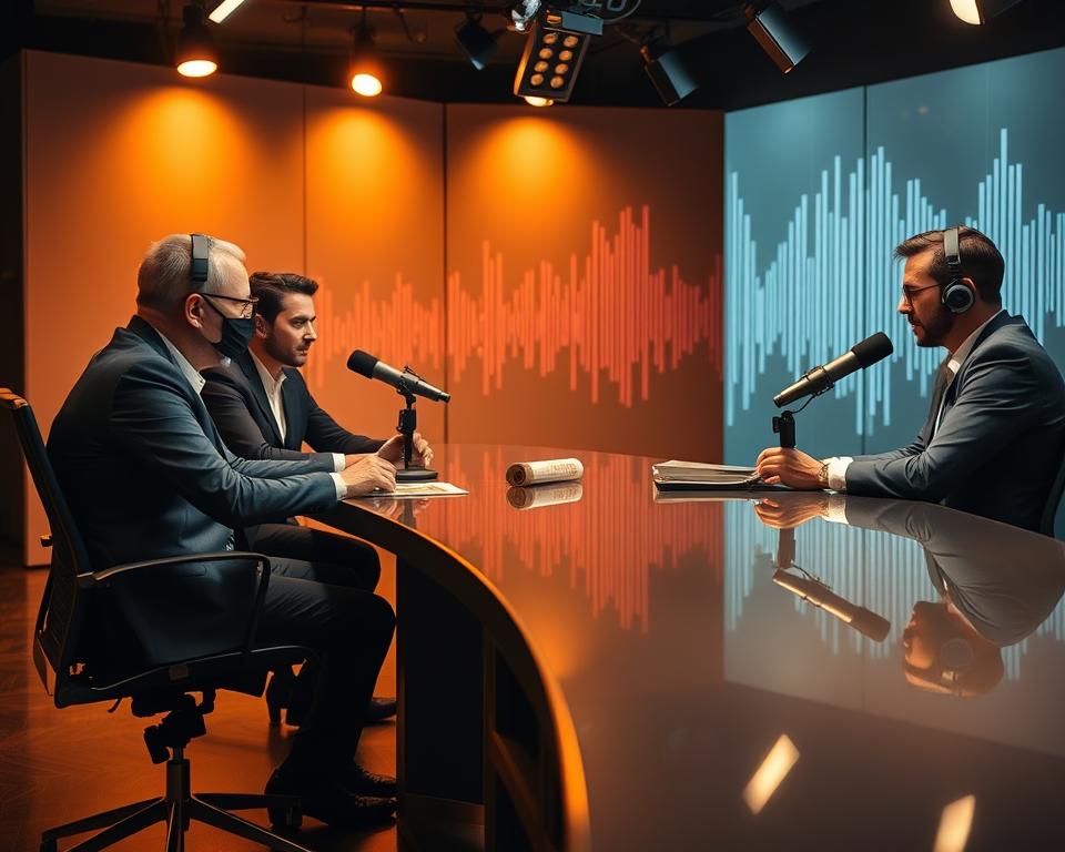 A high-quality, photo-realistic image of specialized financial podcasts. In the foreground, three people - a financial advisor, an economist, and a tech entrepreneur - sit around a sleek, modern studio table, deep in discussion. Overhead lighting casts a warm, professional glow, while the background features a stylized soundwave visualization pulsing with data. The overall atmosphere is one of authority, expertise, and forward-thinking analysis. The camera angle is slightly elevated, capturing the podcasters in an engaging, dynamic composition.