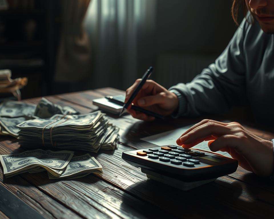 A large stack of crumpled dollar bills, casting deep shadows, sits atop a weathered wooden table. In the foreground, a person's hands hold a calculator and a pen, contemplating complex financial decisions. The background is dimly lit, with a sense of unease and uncertainty, hinting at the long-term consequences of poor debt management. Soft, dramatic lighting accentuates the worry on the person's face, while the cluttered, disorganized table reflects the overwhelming burden of debt. The overall scene conveys the weight and gravity of the "Debt Management Decisions That Compound Over Time".
