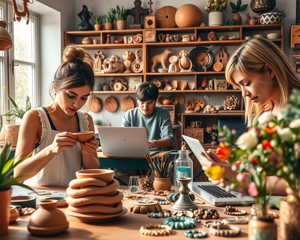 A lively, imaginative scene depicting an assortment of creative side hustles. In the foreground, a skilled artisan works on a handcrafted pottery piece, their hands shaping the clay with focused intensity. Beside them, a person curates a vibrant display of handmade jewelry, the metalwork and gemstones catching the warm, natural light. In the middle ground, a laptop rests open, with a person engrossed in coding or digital design. In the background, shelves brim with an eclectic array of homemade crafts, from intricate woodcarvings to delicate floral arrangements. The overall mood is one of industrious creativity, the subjects immersed in their respective passions and entrepreneurial pursuits. The lighting is soft and inviting, highlighting the care and imagination poured into each unique side hustle.