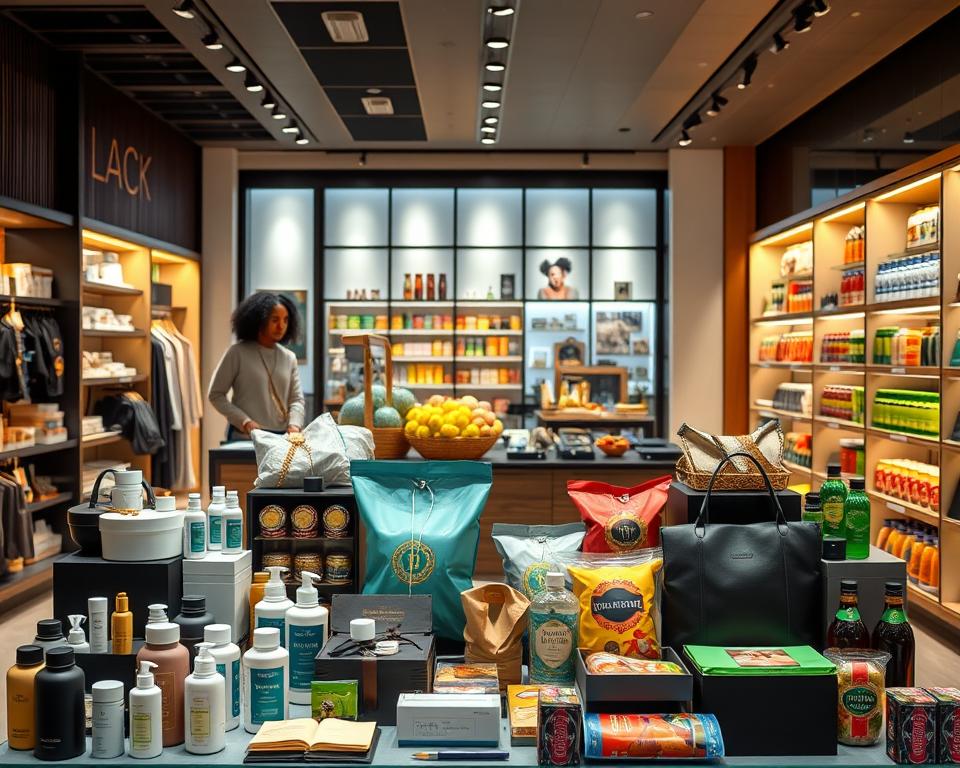 A modern, stylish retail display featuring a diverse assortment of consumer goods products popular with Black consumers. The foreground showcases high-quality personal care items, fashion accessories, and home decor in a visually appealing arrangement. The middle ground highlights a selection of food and beverage products, reflecting the vibrant, health-conscious tastes of the target market. In the background, a sleek, minimalist store interior with warm lighting and clean lines provides a sophisticated ambiance. The overall scene conveys a sense of affluence, dynamism, and cultural pride, capturing the essence of the "Consumer Goods Stocks with Strong Black Consumer Bases" topic.