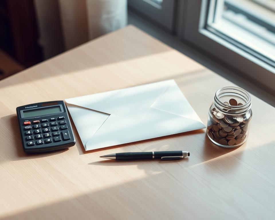 A neatly organized array of budget-friendly tools, including a sturdy envelope, a pen, a calculator, and a coin jar, all placed on a plain wooden table. The scene is illuminated by soft, diffused natural light streaming in through a window, casting gentle shadows and creating a calming, contemplative atmosphere. The overall composition suggests an efficient, minimalist approach to personal finance management, in line with the principles of the "Envelope Budgeting System".