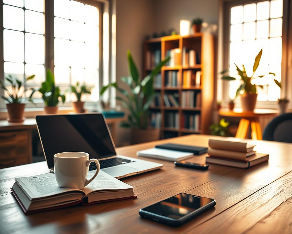 A serene office scene with a laptop, coffee mug, and various passive income-generating items like a book, smartphone, and calendar on a wooden desk. The room is bathed in warm, natural lighting filtering through large windows, creating a cozy, productive atmosphere. In the background, a bookshelf and plants add depth and a sense of expertise. The composition emphasizes the simplicity and potential of turning one's knowledge into sustainable, hands-off revenue streams.