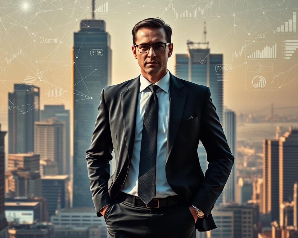 A sophisticated businessman, clad in a tailored suit, stands at the center of a bustling cityscape. In the foreground, a complex web of financial data and charts swirls around him, reflecting the intricate nature of strategic debt leverage. The midground features towering skyscrapers, their glass facades gleaming in the warm, directional lighting, symbolizing the power and influence of the financial sector. In the background, a hazy horizon suggests the vast, interconnected global economy. The overall mood is one of controlled confidence and calculated risk-taking, encapsulating the essence of the "Covert Art of Strategic Debt Leverage."