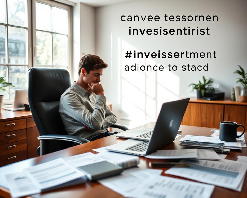 A tranquil office environment with a wooden desk, a laptop, and various financial documents scattered around. A person sitting in a comfortable chair, deep in thought, as they contemplate their investment portfolio and strategies for diversification. Soft, natural lighting filters through large windows, creating a calming atmosphere. The background is slightly blurred, with a sense of depth and focus on the central subject. The image conveys a sense of careful consideration, prudence, and the importance of maintaining a balanced investment approach for a novice investor.