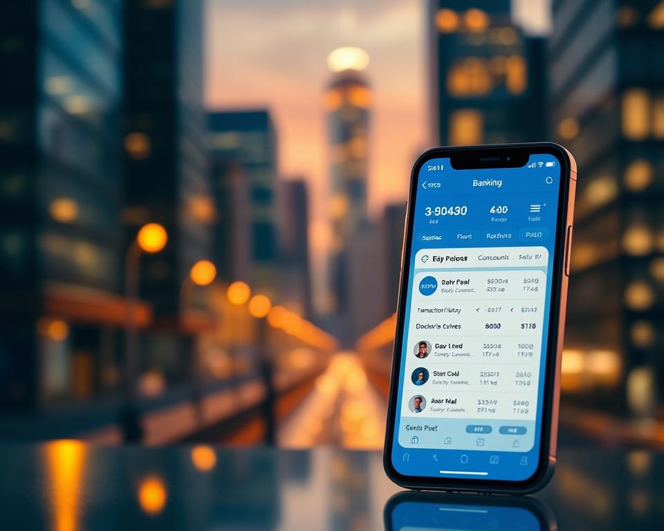 A vibrant and modern digital banking interface, with a sleek smartphone in the foreground displaying a mobile banking app. The app features a clean, intuitive design with clear account summaries, transaction histories, and easy-to-use navigation. The background showcases a stylized cityscape, hinting at the convenience and accessibility of mobile banking for urban professionals. Soft lighting creates a warm, inviting atmosphere, while the composition emphasizes the seamless integration of technology and finance. The overall scene conveys a sense of empowerment, efficiency, and the progressive nature of digital banking solutions from Black-owned institutions.