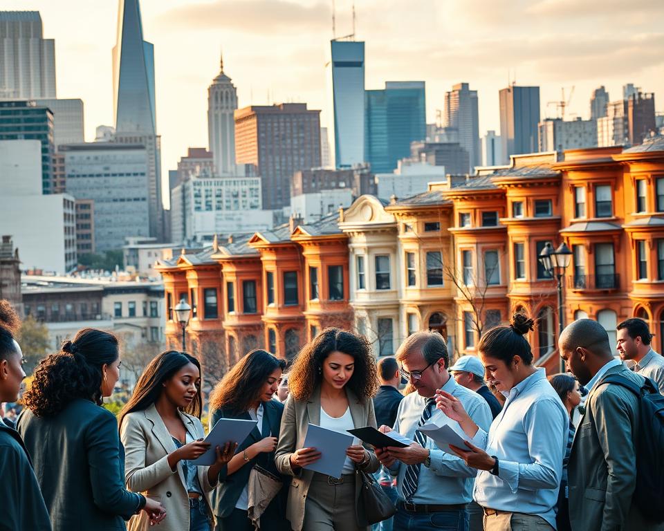 A vibrant cityscape with modern skyscrapers and brownstone homes, underscored by a dynamic financial landscape. In the foreground, a diverse group of homebuyers and real estate professionals engage in animated discussions, poring over documents and laptops, representing the creative financing strategies available to those with limited capital. The middle ground features a mix of traditional and innovative lending options, from crowdfunding platforms to non-traditional mortgages, each highlighted with subtle visual cues. The background showcases a bustling urban environment, reflecting the dynamism and opportunities inherent in the real estate market. Warm lighting, a soft focus, and a sense of forward momentum convey the energy and potential of these creative financing approaches.