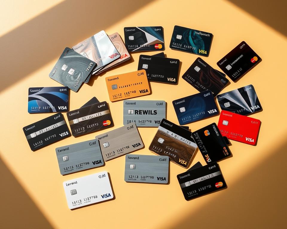 A well-lit tabletop scene featuring an array of diverse rewards credit cards laid out in an organized display. The cards are positioned at various angles, some stacked, others fanned out, to create a visually appealing composition. The cards showcase a range of designs, colors, and logos, representing the diversity of options available to Black consumers. The background is a warm, neutral tone, allowing the cards to take center stage. Soft, directional lighting casts gentle shadows, adding depth and dimension to the scene. The overall mood is professional, inviting, and reflective of the sophisticated financial products being showcased.