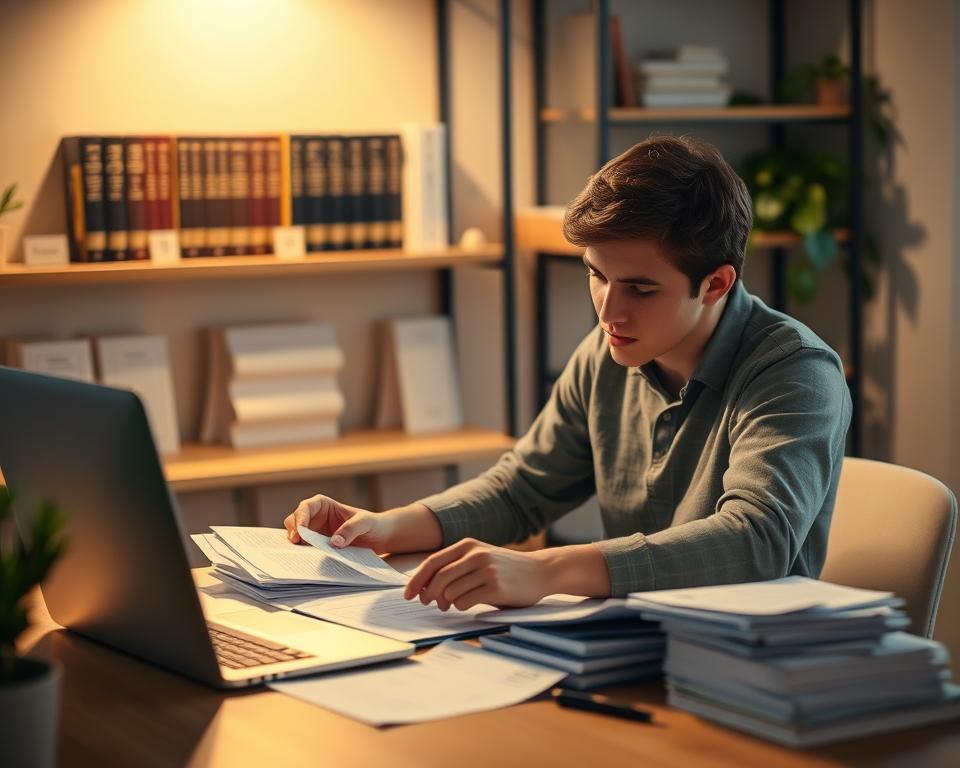 A young adult sitting at a tidy desk, focused on organizing financial documents, paperwork, and a laptop. The lighting is soft and warm, creating a contemplative atmosphere. In the background, shelves display reference books on personal finance and investment strategies. Subtle hints of greenery or plants suggest a sense of growth and vitality. The scene conveys a feeling of intentionality, as the individual thoughtfully builds their financial plan and cultivates healthy money management habits early in their career.